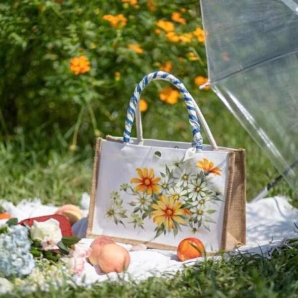 Women Handbag From Rattan, Orange Chrysanthemum - Handle Wrapped in Neckwear